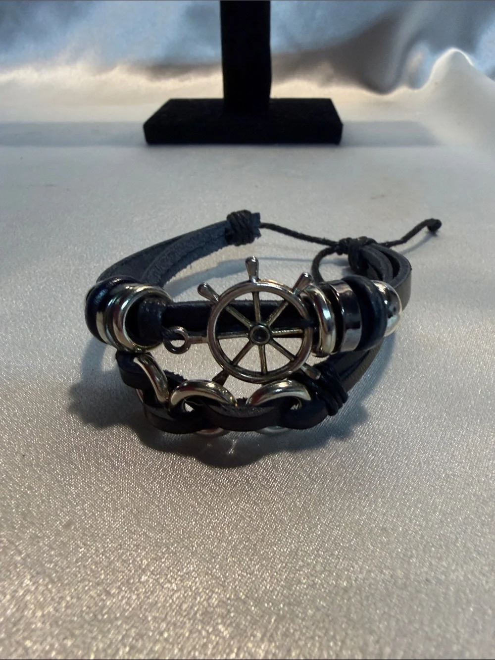 Source Unknown Black Leather Wrap Bracelet with Silver Nautical Wheel